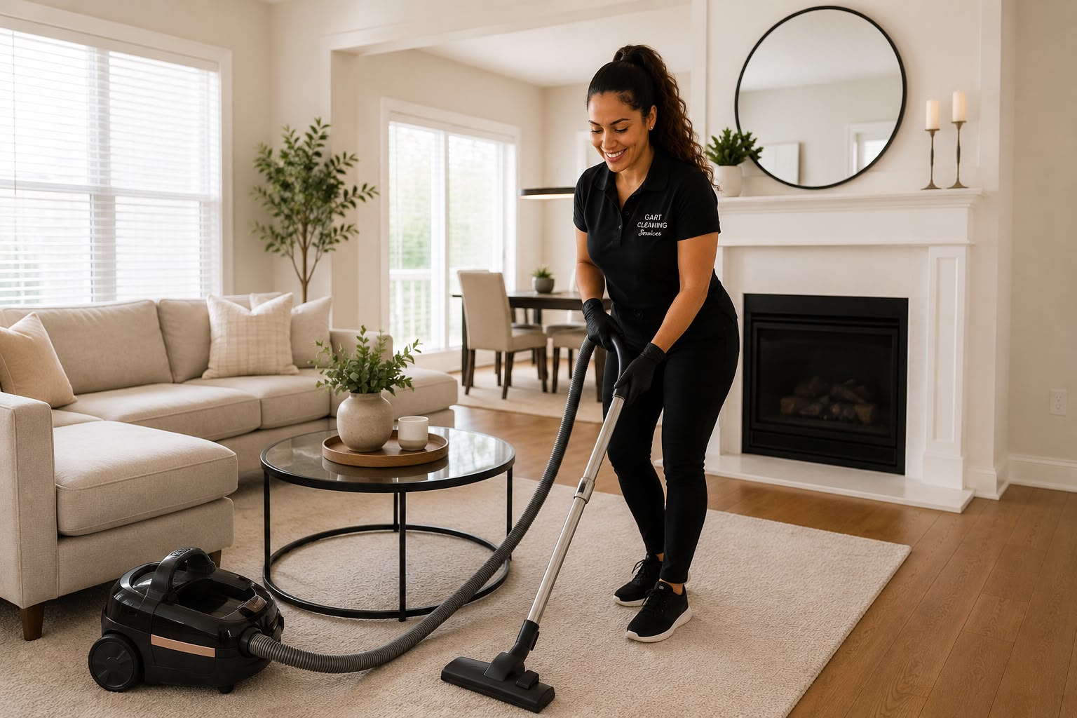Professional house cleaner from Gart Cleaning Services vacuuming a bright modern living room in Central New Jersey